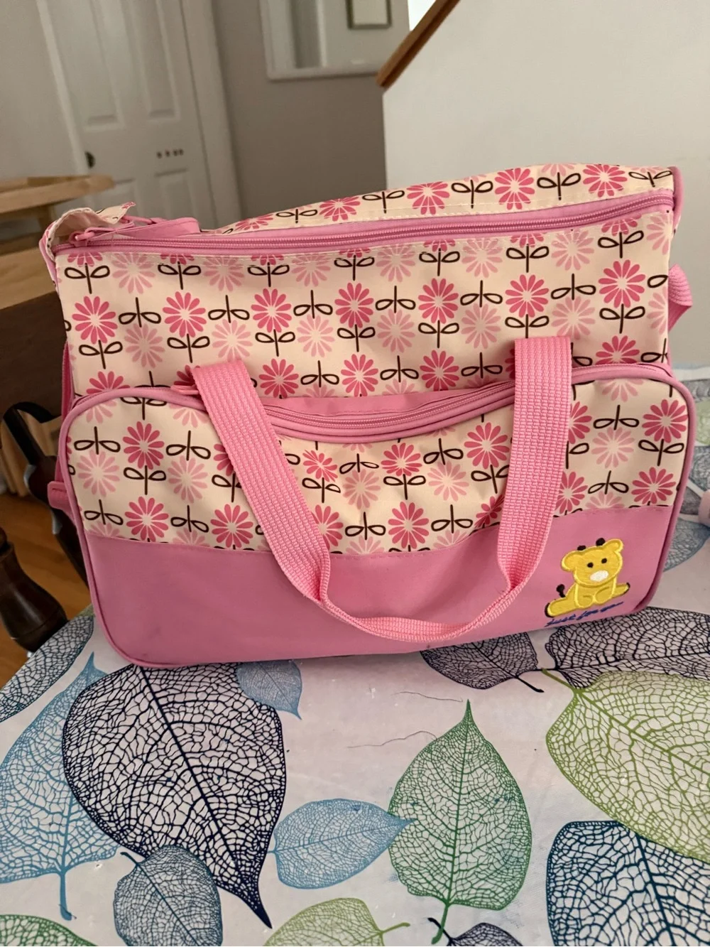 Pink Floral Baby LARGE diaper Bag with Bear Patch. Comes with a matching snack